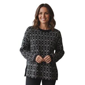 J Jill Black & White Geometric 100% Cotton Sweater. SZ L Petite. Kangaroo Pocket